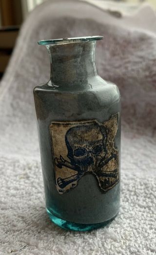 Pontiled Pontil Blown Labeled Poison Bottle Skull Crossed Bones C 1840 American
