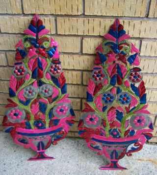Two Large Vintage Hojalata Mexico Punched Painted Tin Folk Art Christmas Trees