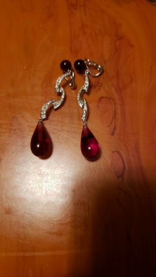 Vintage Ciner Faux Diamond And Ruby Drop Earrings Signed