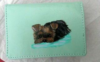 Yorkie Hand Painted Yorkshire Terrier Small Credit Card Holder With Id Window