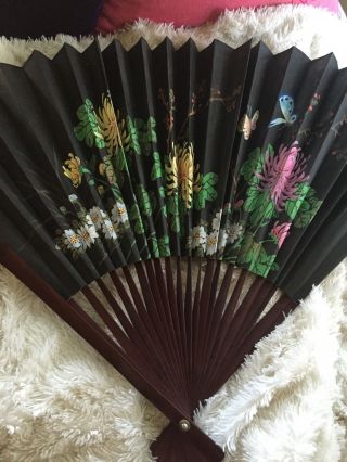 Vintage Large Asian Wall Fan Hand Painted Floral/butterfly 72 Inches X 40 Inches