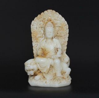 Old Antique Chinese White Jade Statue Bodhisattva Manjusri Buddha - 18cm