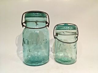(2) Vintage Atlas E - Z Seal Mason Blue Pint & Quart Jars With Wire Bail Closures