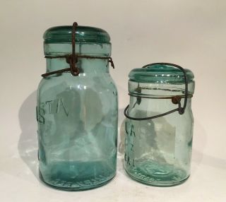 (2) Vintage ATLAS E - Z Seal Mason Blue PINT & QUART Jars with Wire Bail Closures 2