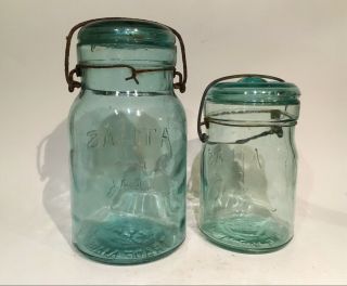(2) Vintage ATLAS E - Z Seal Mason Blue PINT & QUART Jars with Wire Bail Closures 3
