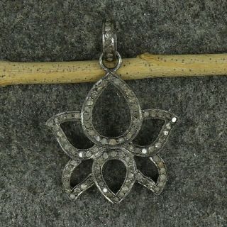 Lotus Design Pave Diamond Solid 925 Oxidized Silver Pendant Vintage Jewelry O219