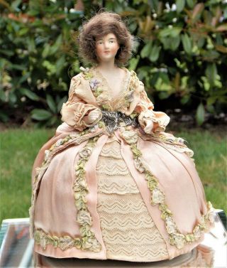 Rare Victorian Hand Painted Porcelain Doll Pin Cushion With Real Hair