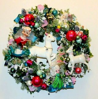 Retro Vintage Christmas Ornament Wreath Angel Deer Japan Kitsch Nostalgic 17 "