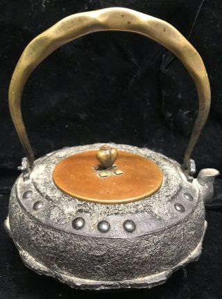Antique Vintage Japanese Cast Iron Copper Lid Signed Tetsubin Teapot