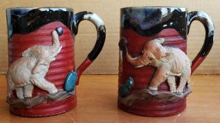 Two Signed Sumida Gawa Cups Sumidagawa Antique Japanese Pottery Mugs Elephants