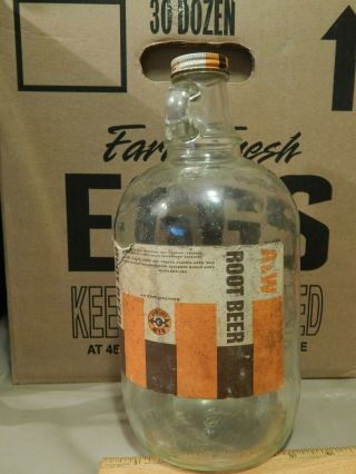 A&w Root Beer Half Gallon " Growler " Glass Bottle W/ Paper Label Vtg Usa