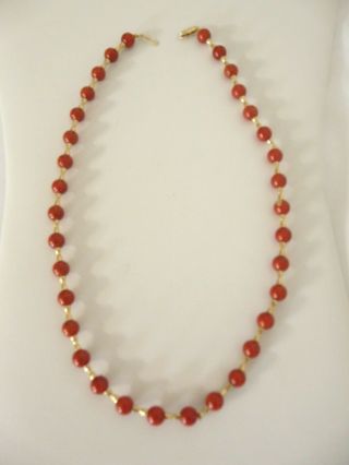 Vintage 14k Yellow Gold Red Coral ?? Bead Beaded Necklace 16 "