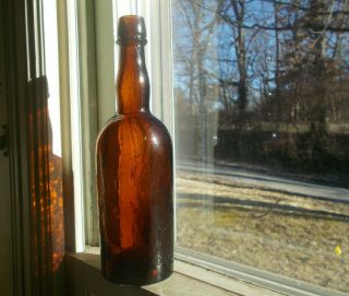 1860s Crude 3 Pc Mold Stoddard Amber Beer Bottle X Emb Base Crude Whittled