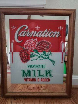 Carnation Milk Wood Framed Mirror Vintage Advertising Sign Kitchen Decor Country