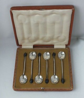 Antique Boxed Set Of 6 Bean Top Solid Sterling Silver Coffee Spoons 1916/ 9.  9cm