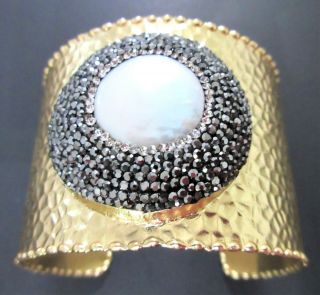 Massive Mabe Pearl & Hematite Crystal Golden Hammered Cuff Bracelet