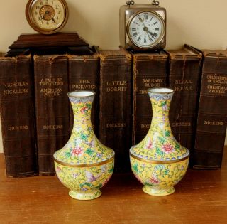 Pair Small Chinese Famille Rose Enamel Baluster Vases.  Yellow Flower Butterflies 2