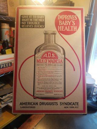 Vintage 1920s A.  D.  S.  Milk Of Magnesia Medicine Bottle Easel Easel Cardboard Sign