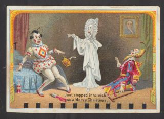 C10246 Victorian Xmas Card: Clowns & Ghost 1870s