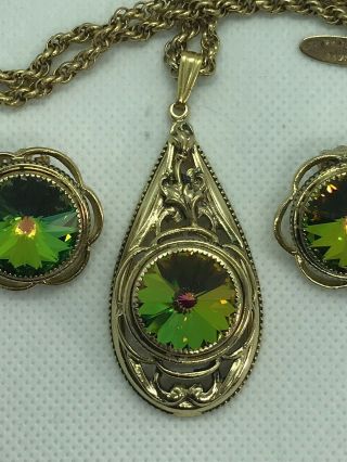 Whiting & Davis Watermelon Rivoli Necklace,  Clip On Earrings,  And Men’s Tie Tack