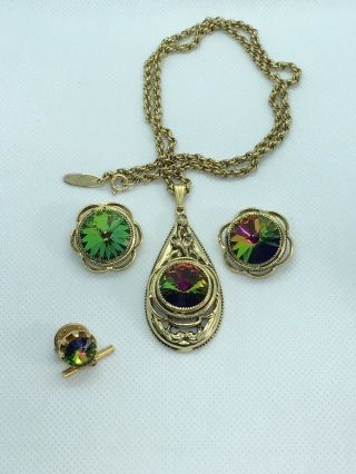 Whiting & Davis Watermelon Rivoli Necklace,  Clip On Earrings,  And Men’s Tie Tack 3
