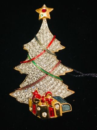 Swarovski Swan Signed Christmas Tree Brooch Pin.  W/ Presents