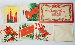Box Of 10 Vintage Christmas Cards With Envelopes Ribbon Candle Holly
