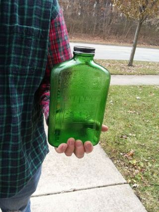 Hemingray green glass waterfall pattern 1 quart sized refrigerator bottle. 2