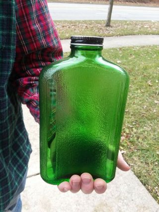 Hemingray green glass waterfall pattern 1 quart sized refrigerator bottle. 3