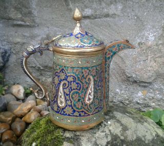 Rare Antique Islamic Persian Kashmiri Indian Gilt & Enamel Coffee Pot