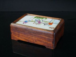 Antique Chinese HONGMU Wood Jewellery Box & Famille Rose Porcelain Inlaid Lid 2