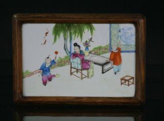 Antique Chinese HONGMU Wood Jewellery Box & Famille Rose Porcelain Inlaid Lid 3