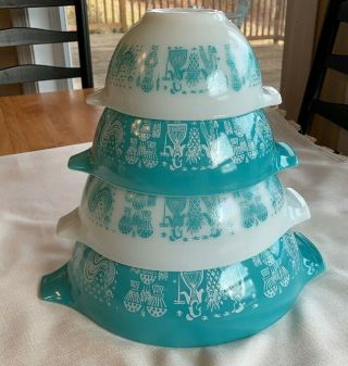 Vintage Pyrex Amish Butterprint Cinderella 4 Pc Mixing Bowl Set 441 442 443 444
