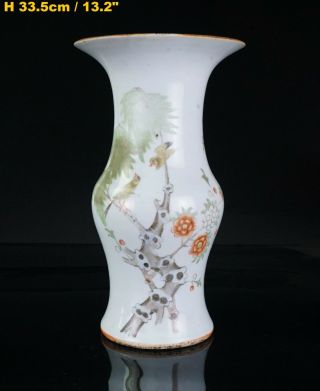 Large Antique Chinese Famille Rose Porcelain Bird Flower Gu Vase 20thc Republic