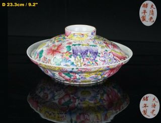 Large Antique Chinese Famille Rose Hundreds Flowers Porcelain Bowl & Cover 19thc
