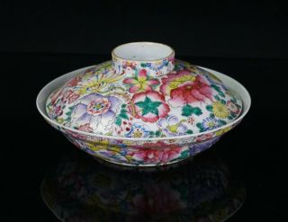 Large Antique Chinese Famille Rose Hundreds Flowers Porcelain Bowl & Cover 19thC 2