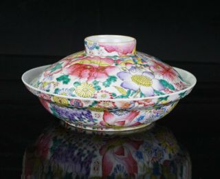 Large Antique Chinese Famille Rose Hundreds Flowers Porcelain Bowl & Cover 19thC 3