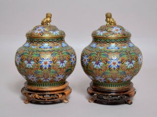 Very Fine Pair Heavy Chinese Bronze Cloisonne Covered Jars Vases On Stands