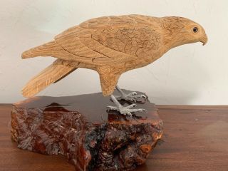 Vintage Hand Carved Large Detailed Wood Hawk Bird Statue Signed