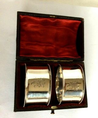 Vintage Hallmarked Solid Silver Napkin Ring Pair Cased 1900 J E Bushell
