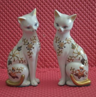 Vintage Porcelain Floral And Gold Cat Figurines,  Two Cats Sitting,