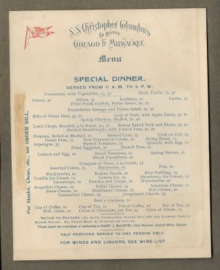 1890s S.  S Christopher Columbus Chicago To Milwaukee Steamship Or Train Menu
