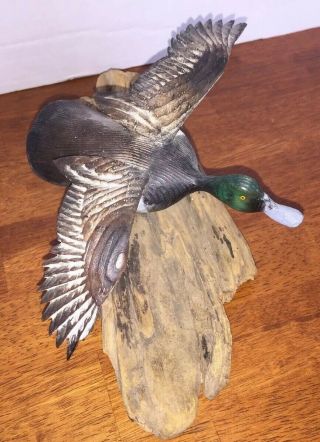 Wood Carved Painted Duck In Flight On Wood 1970 Signed
