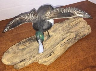 Wood Carved Painted Duck In Flight On Wood 1970 Signed 2