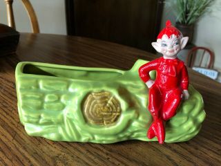 Gilner California Planter Red Pixie Elf On Chartreuse Log 1950s Kitsch