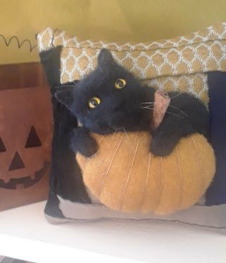 Black Cat Pumpkin Hugger On Antique Quilt Cupboard Pillow Fab.  Art By Renate 