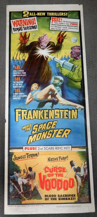 Vintage 14x36 Movie Poster - Frankenstein Meets The Space Monster 1965 Horror Sci -