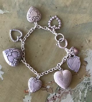 Vintage Sterling Silver (8) Hearts Charm Bracelet Some Are Lockets For Photos
