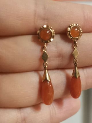 Vintage Solid 14k Yellow Gold Orange Red Jadeite Jade Teardrop Dangling Earrings