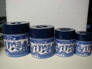 Vintage,  Rare,  Japan,  8 - Pc Blue Willow Tin Canister Set
